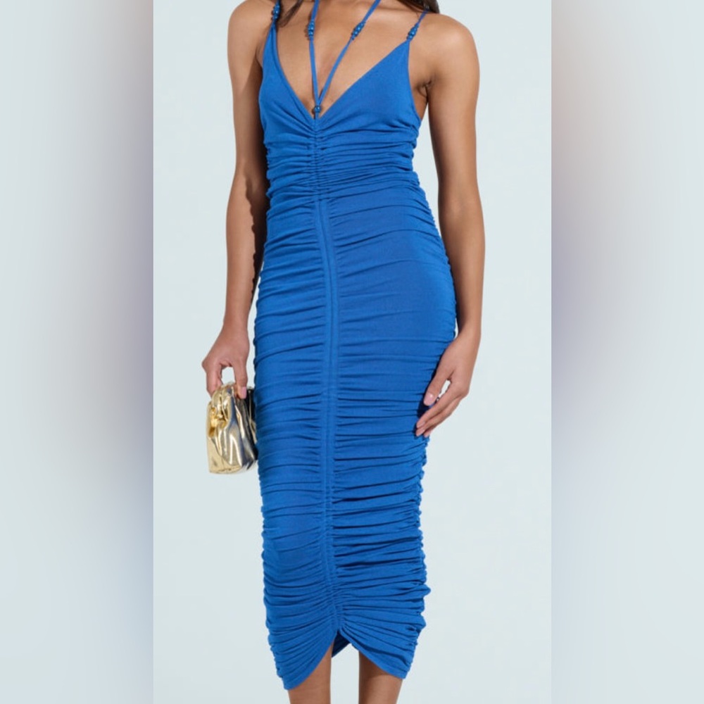 New AKIRA Blue knit midi bodycon  Ruched Dress size S